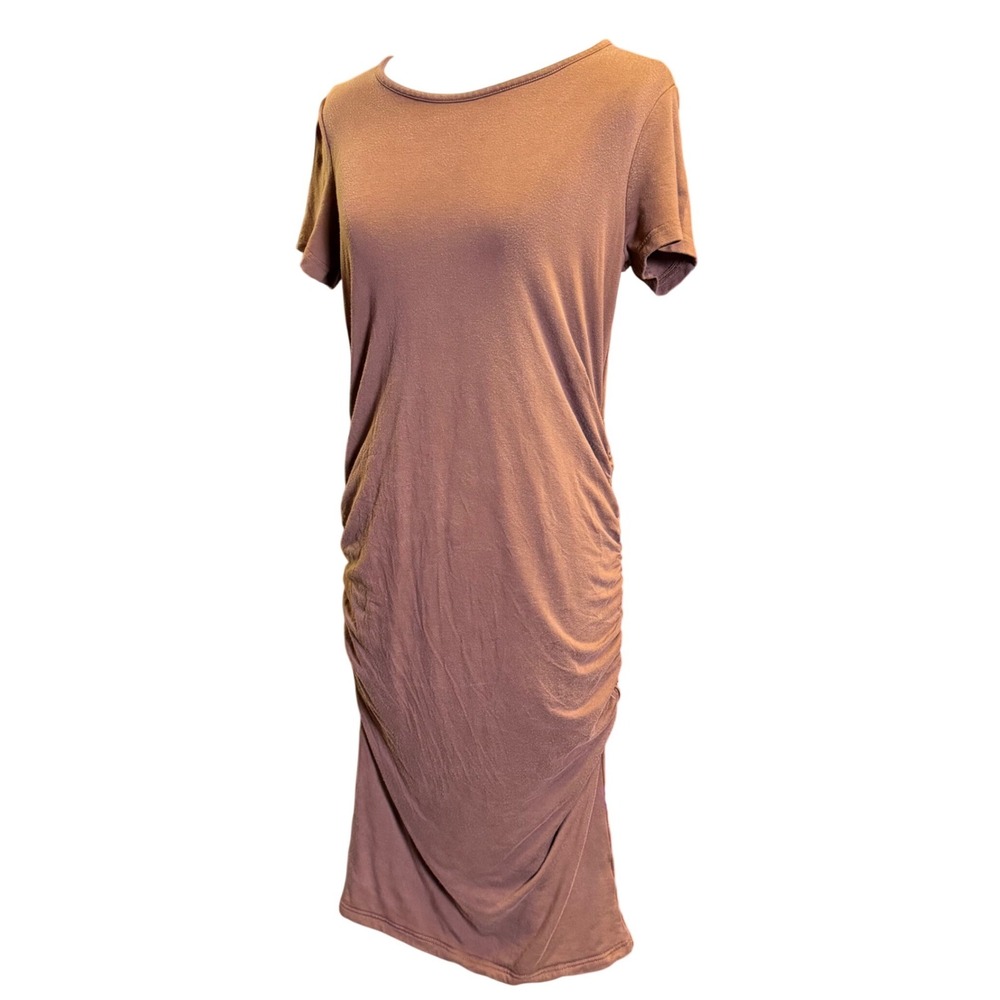 Quince Maternity Dress Women M Brown Good Tencel Ruched Side Midi Short Sleeve